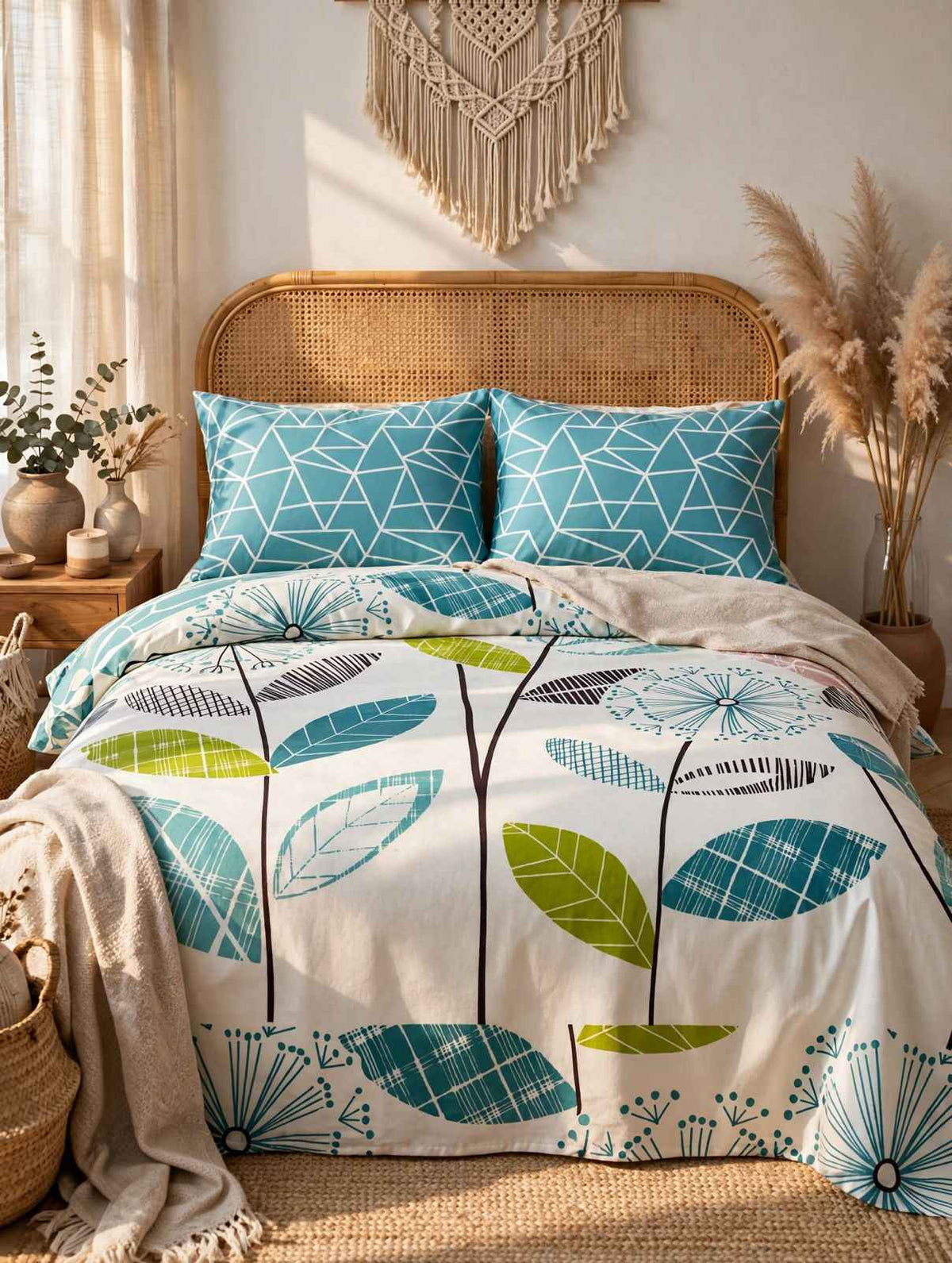 Teal & Lime Leaf Modern Pure Cotton Bedsheet Set
