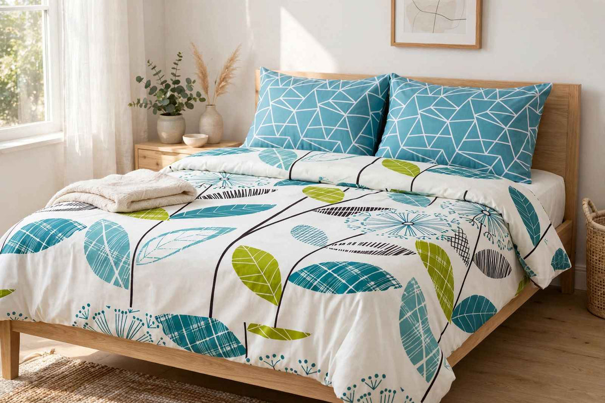 Teal & Lime Leaf Modern Pure Cotton Bedsheet Set