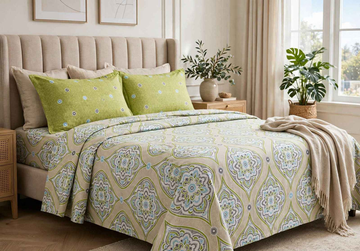 Olive Damask Medallion Pure Cotton Bedsheet Set