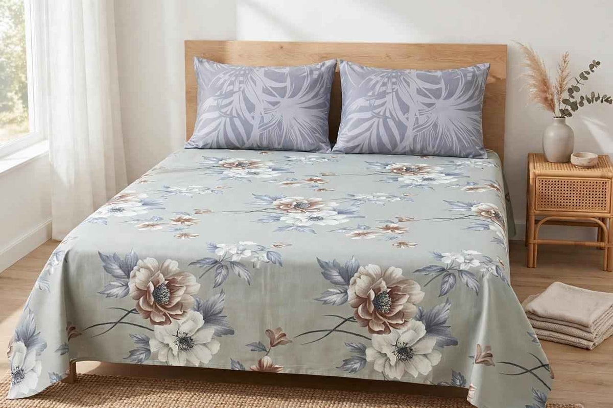 Muted Sage Floral Pure Cotton Bedsheet Set