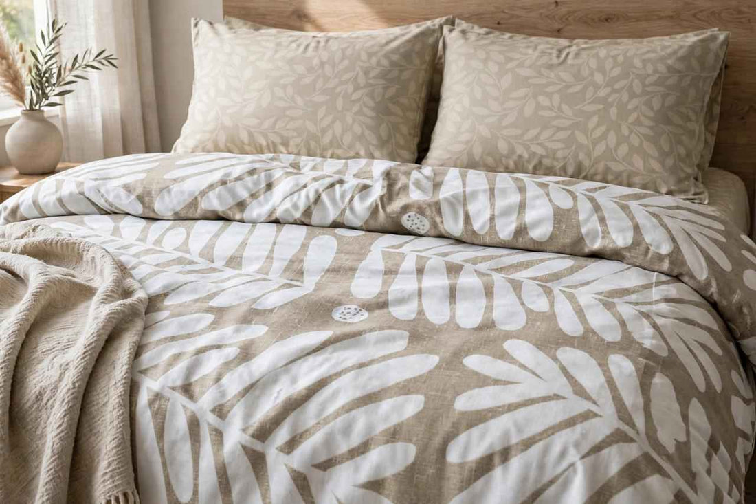 Beige Tropical Leaf Pure Cotton Bedsheet Set