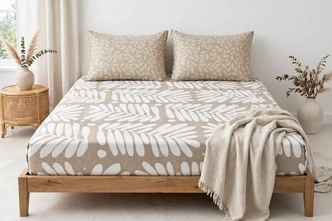Beige Tropical Leaf Pure Cotton Bedsheet Set