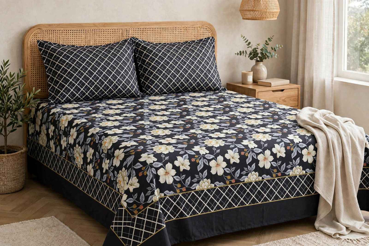 Midnight Blossom Pure Cotton Bedsheet Set