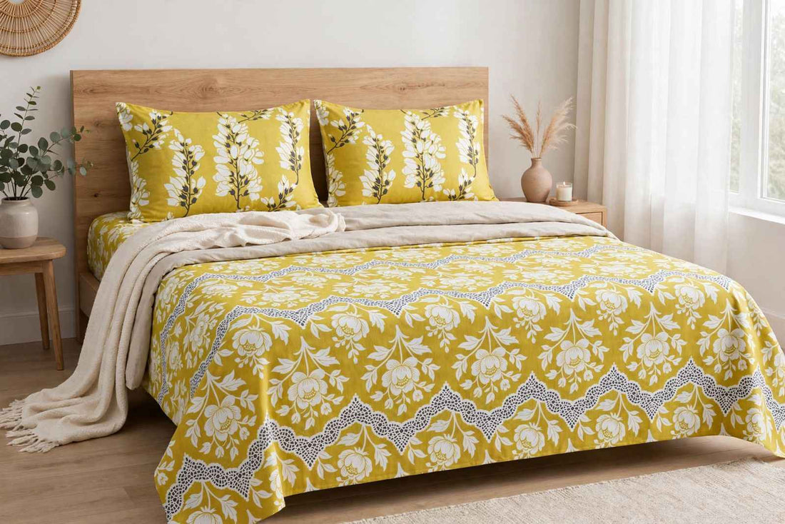 Mustard Yellow Damask Pure Cotton Bedsheet Set