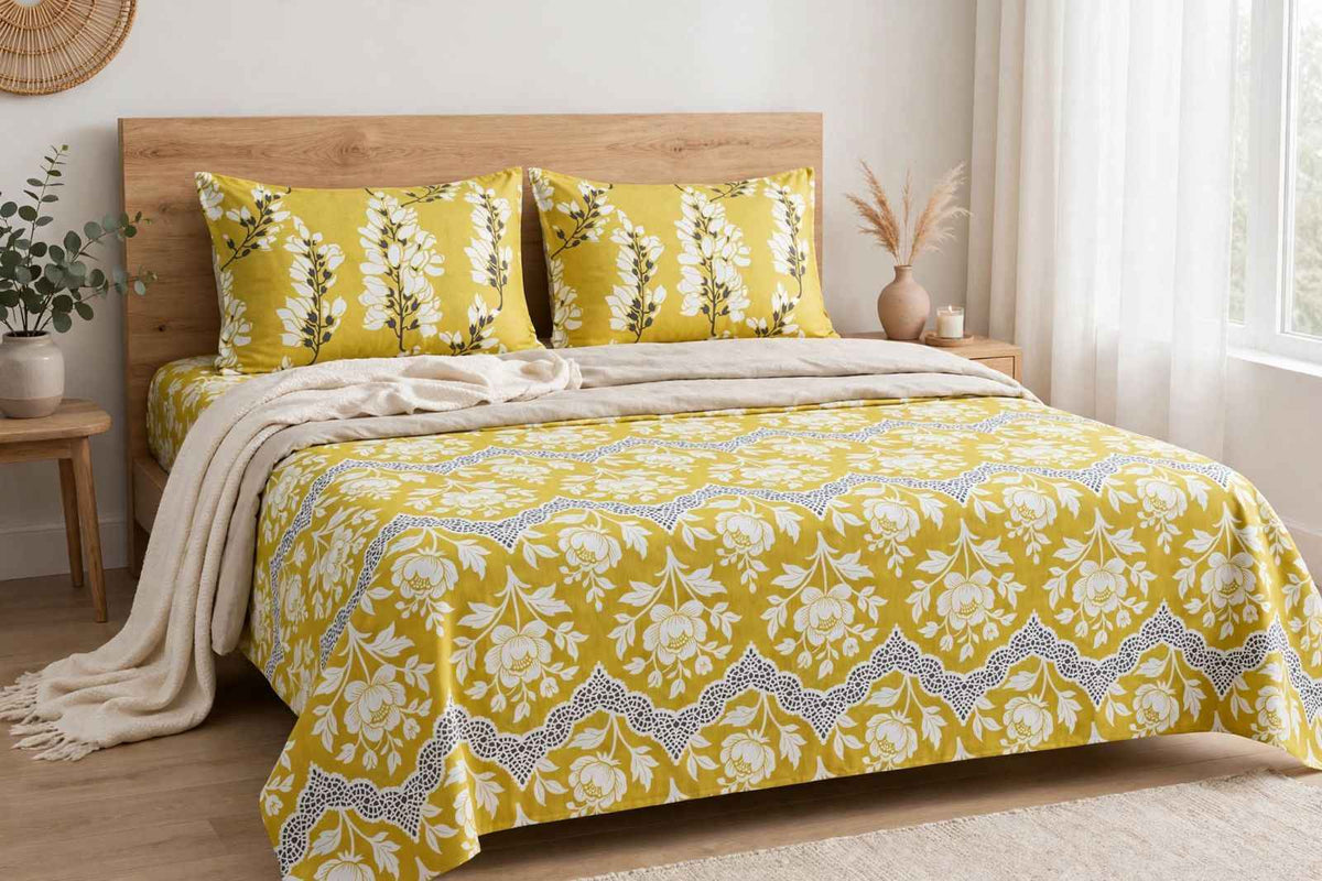 Mustard Yellow Damask Pure Cotton Bedsheet Set