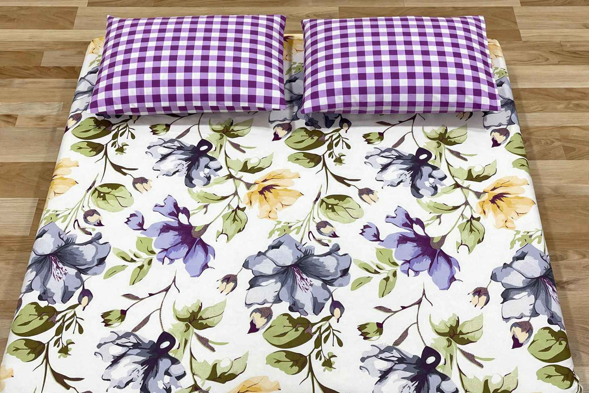 Purple Floral & Gingham Pure Cotton Bedsheet Set