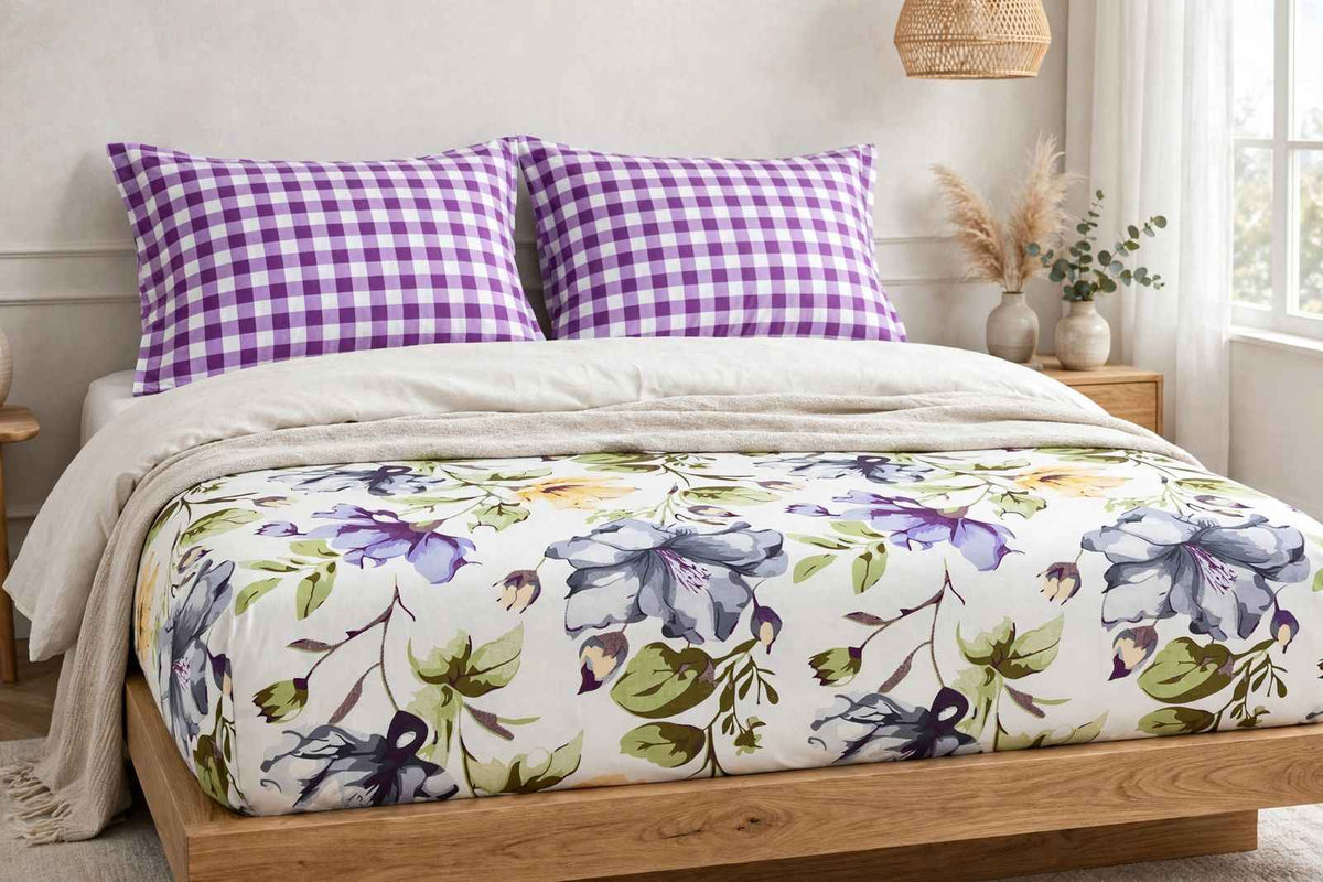 Purple Floral & Gingham Pure Cotton Bedsheet Set