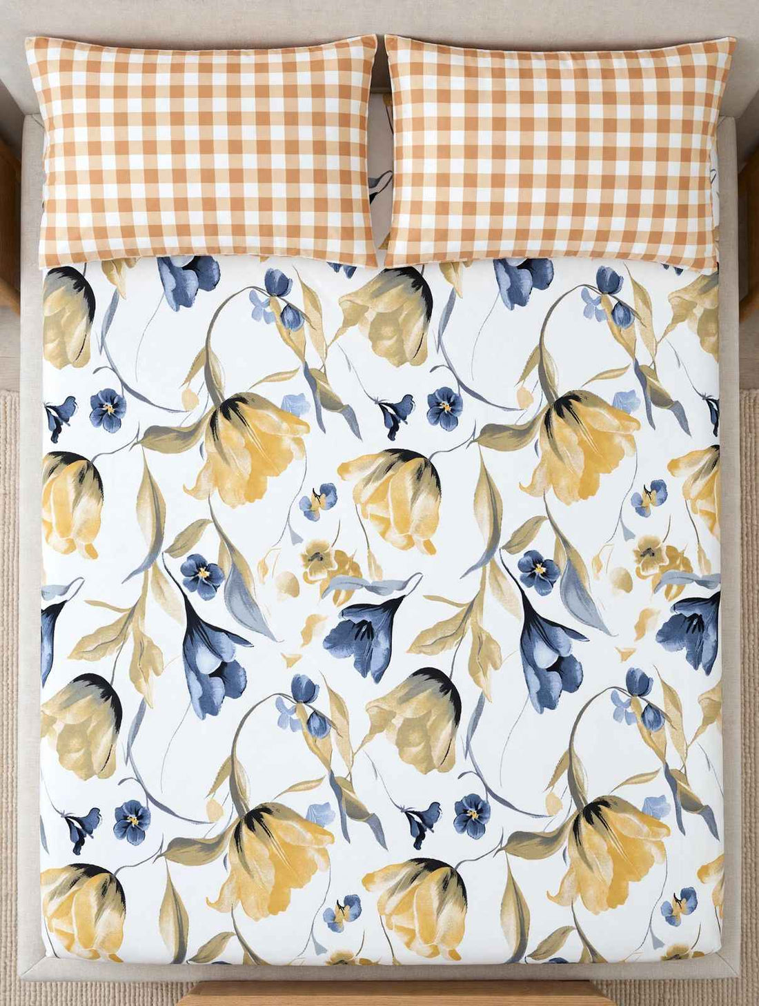 Honey Ochre & Slate Blue Floral Pure Cotton Bedsheet Set
