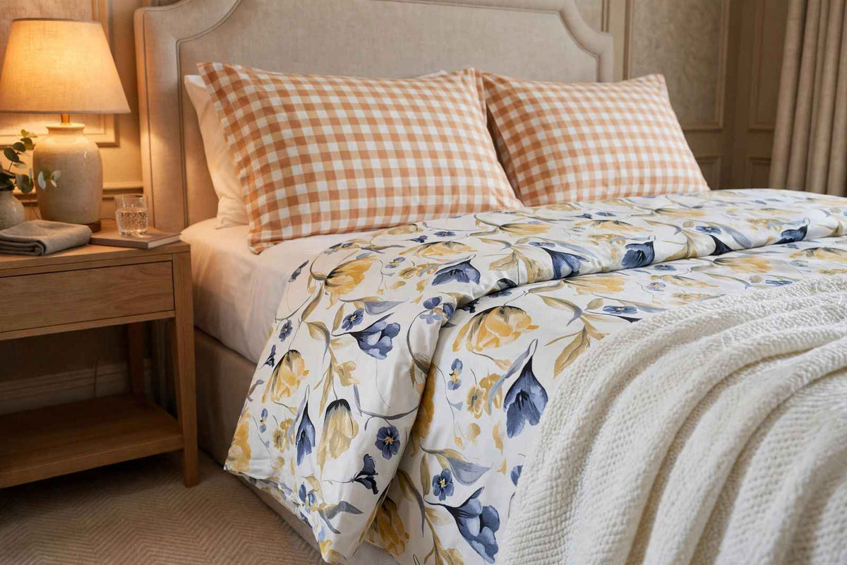 Honey Ochre & Slate Blue Floral Pure Cotton Bedsheet Set