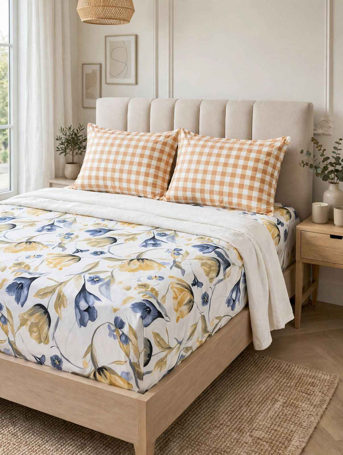Honey Ochre & Slate Blue Floral Pure Cotton Bedsheet Set