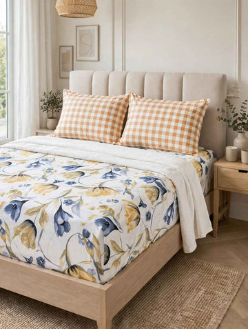 Honey Ochre & Slate Blue Floral Pure Cotton Bedsheet Set