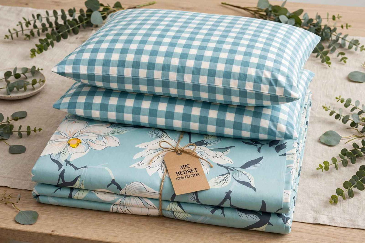 Ocean Blue Magnolia & Gingham Pure Cotton Bedsheet Set