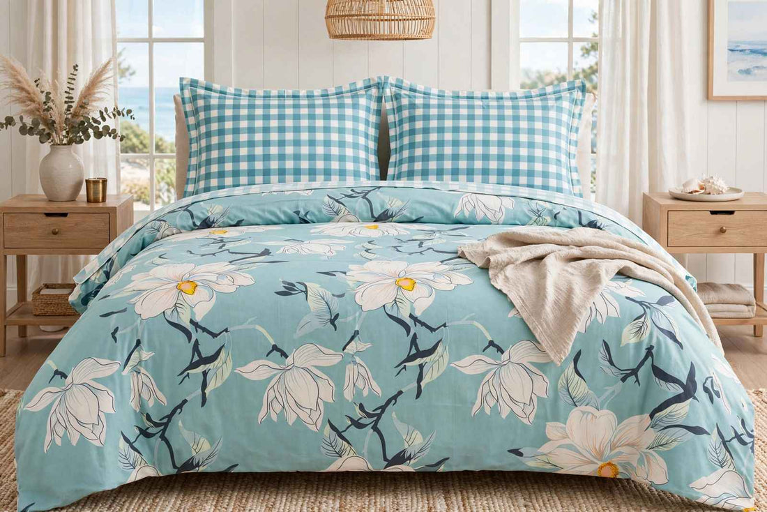 Ocean Blue Magnolia & Gingham Pure Cotton Bedsheet Set