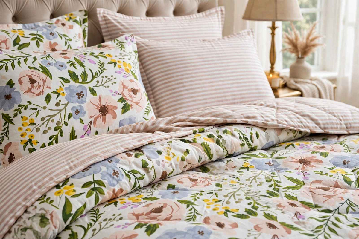 Pastel Floral Meadow & Beige Stripe Pure Cotton Razai Set