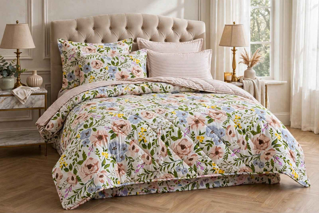 Pastel Wildflower & Dust Stripe Pure Cotton Bedsheet Set