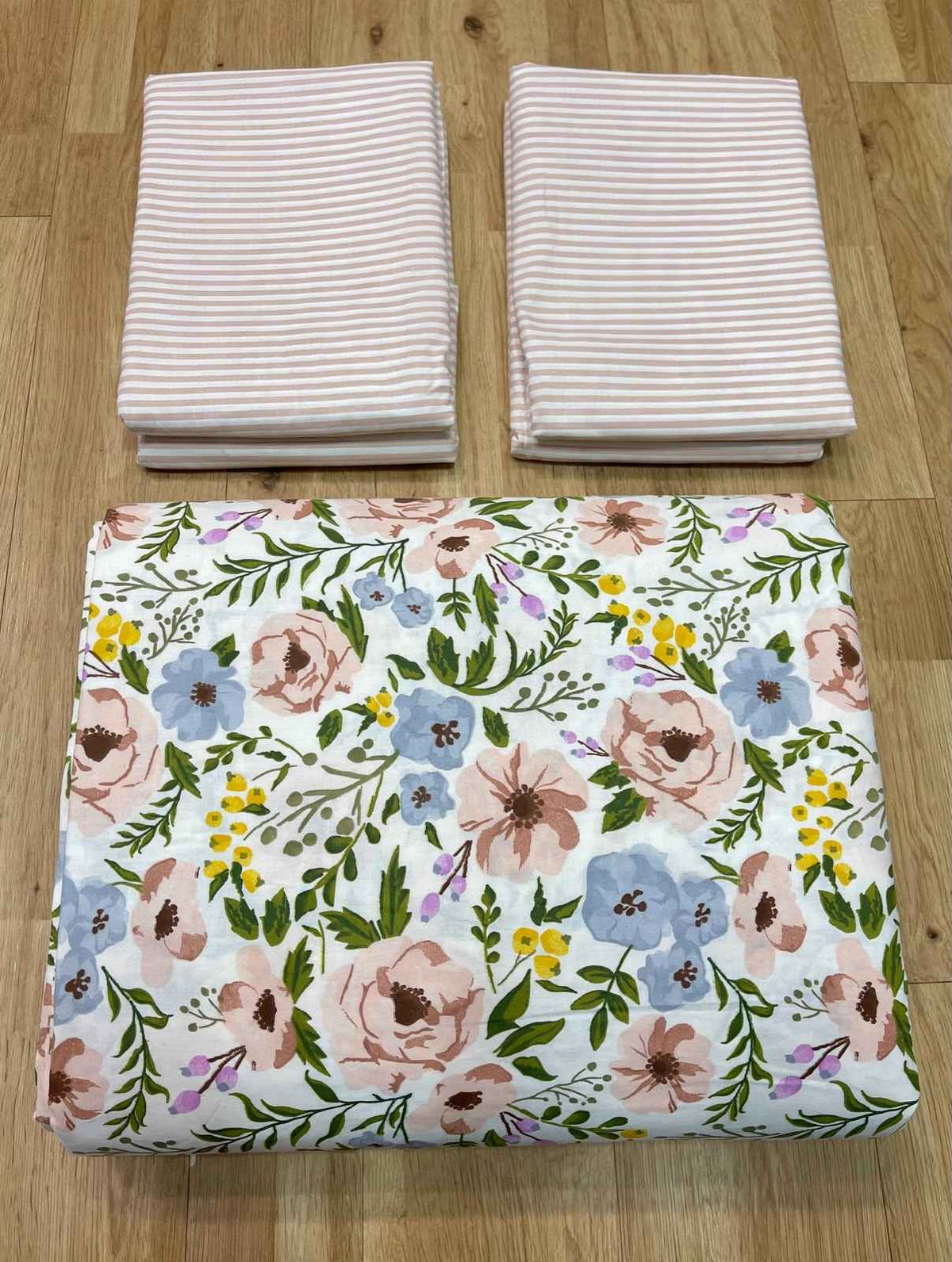 Pastel Floral Meadow & Beige Stripe Pure Cotton Razai Set