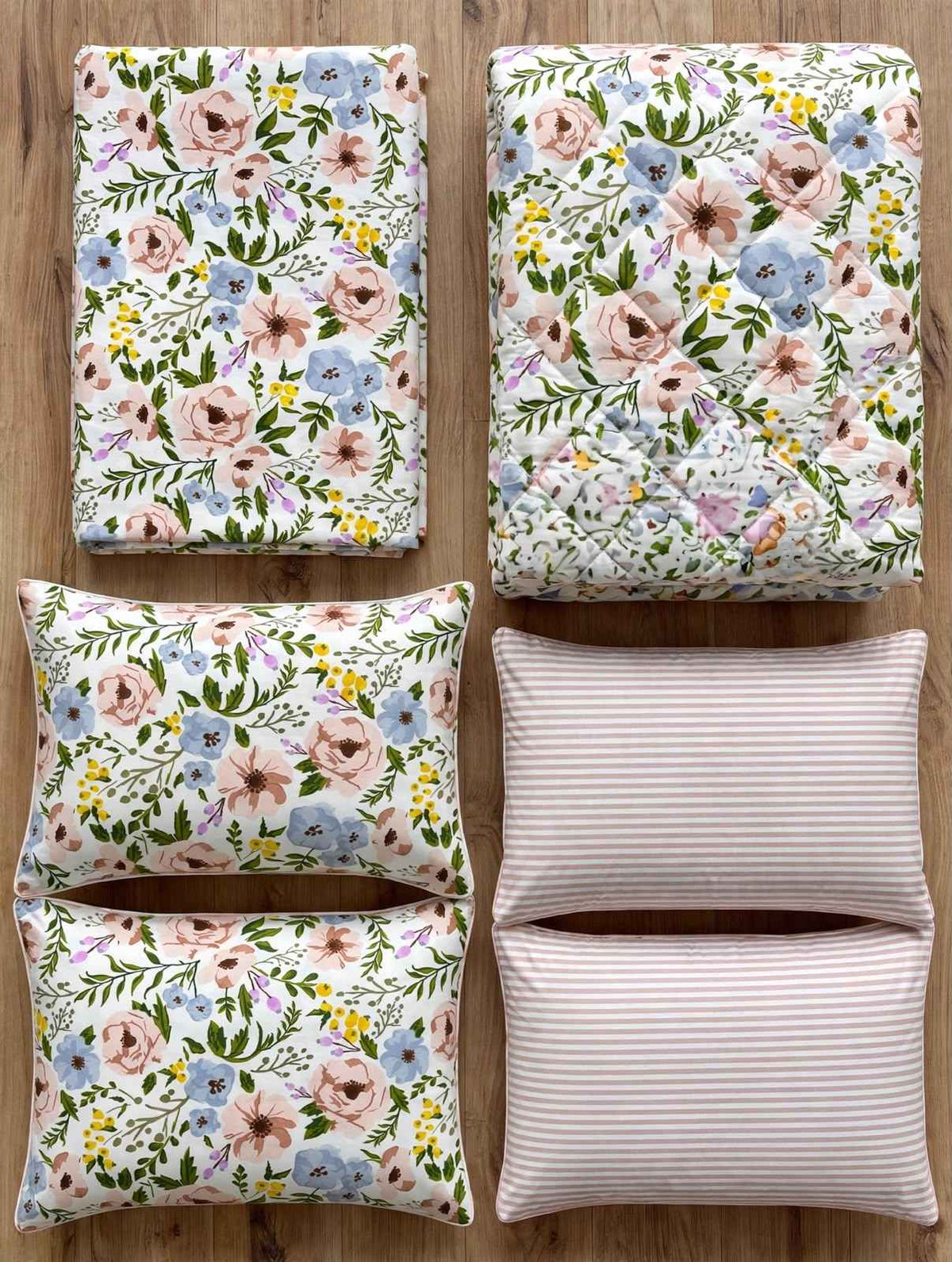 Pastel Floral Meadow & Beige Stripe Pure Cotton Razai Set