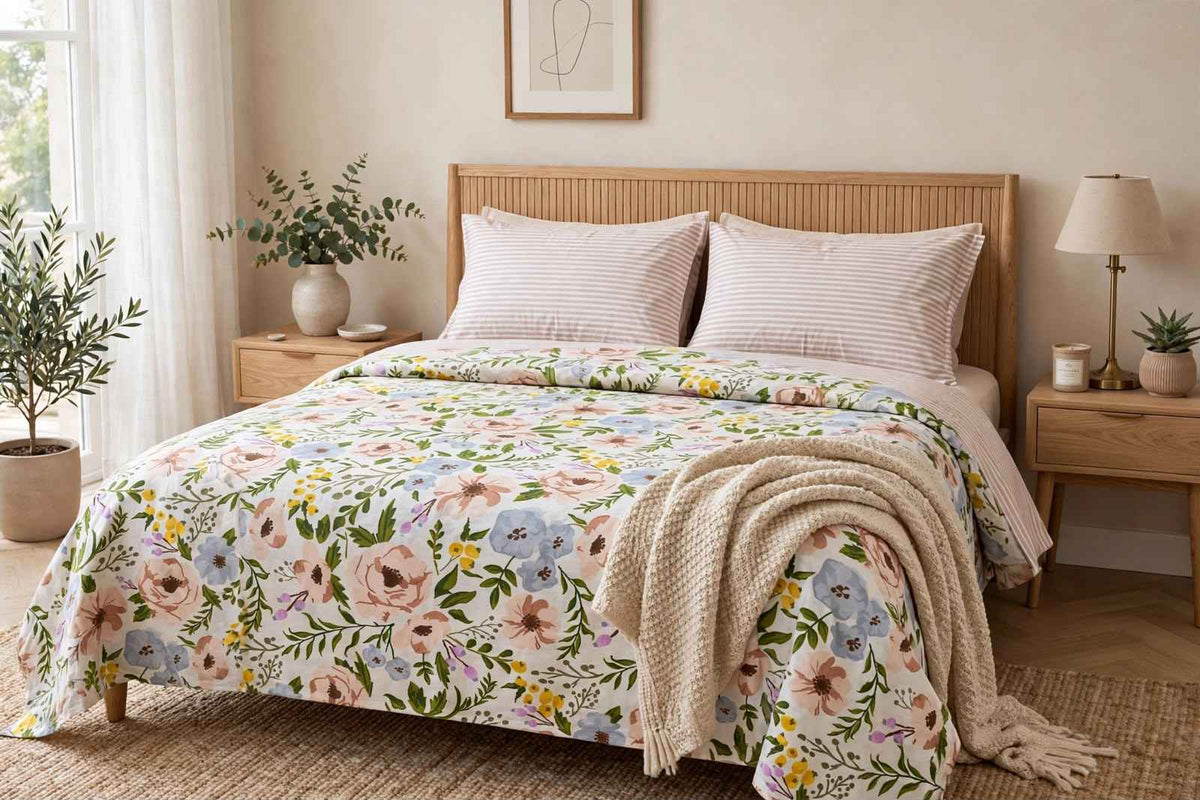 Pastel Wildflower & Dust Stripe Pure Cotton Bedsheet Set