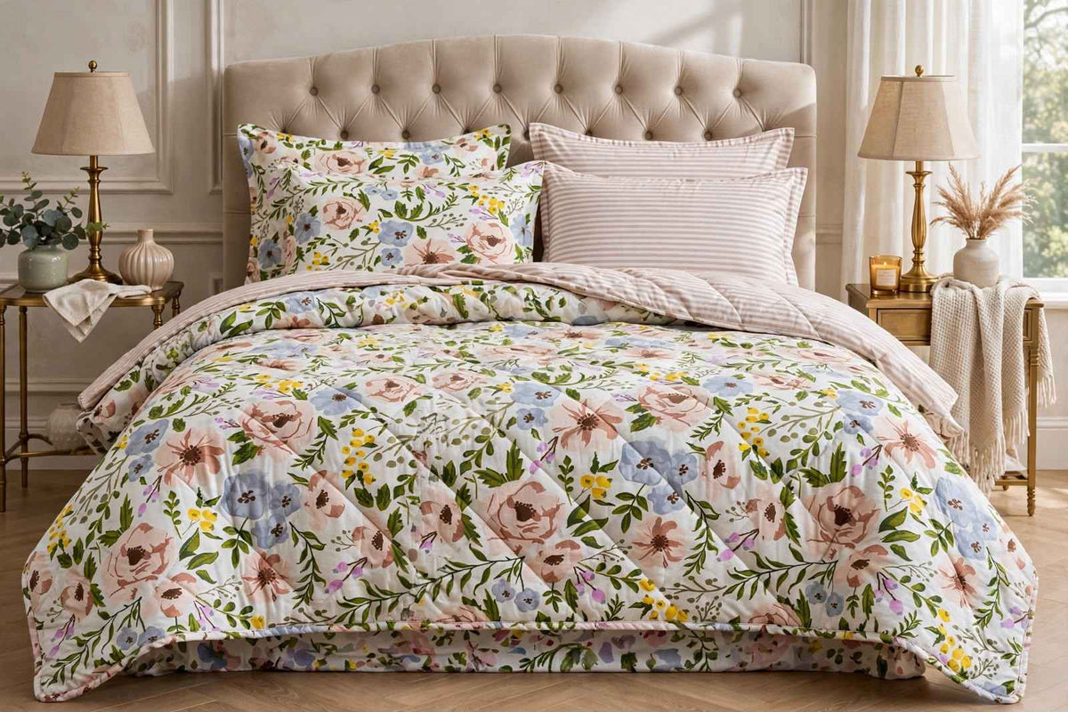 Pastel Wildflower & Dust Stripe Pure Cotton Bedsheet Set