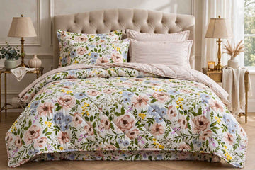 Pastel Wildflower & Dust Stripe Pure Cotton Bedsheet Set