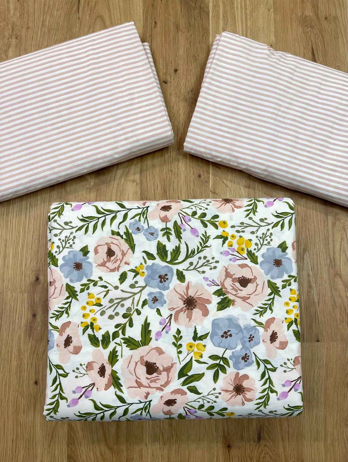 Pastel Wildflower & Dust Stripe Pure Cotton Bedsheet Set