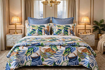 Royal Blue & Earthy Palm Leaf Pure Cotton Bedsheet Set