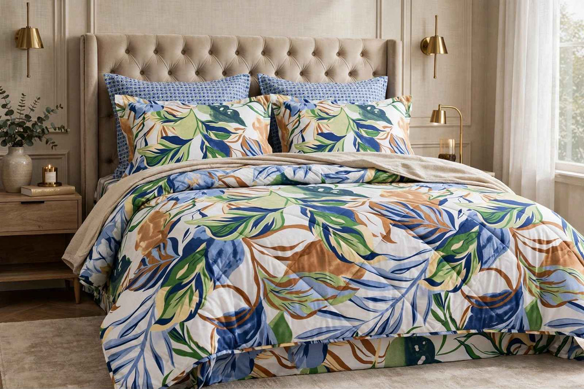 Tropical Monstera Leaf & Blue Grid Pure Cotton Razai Set
