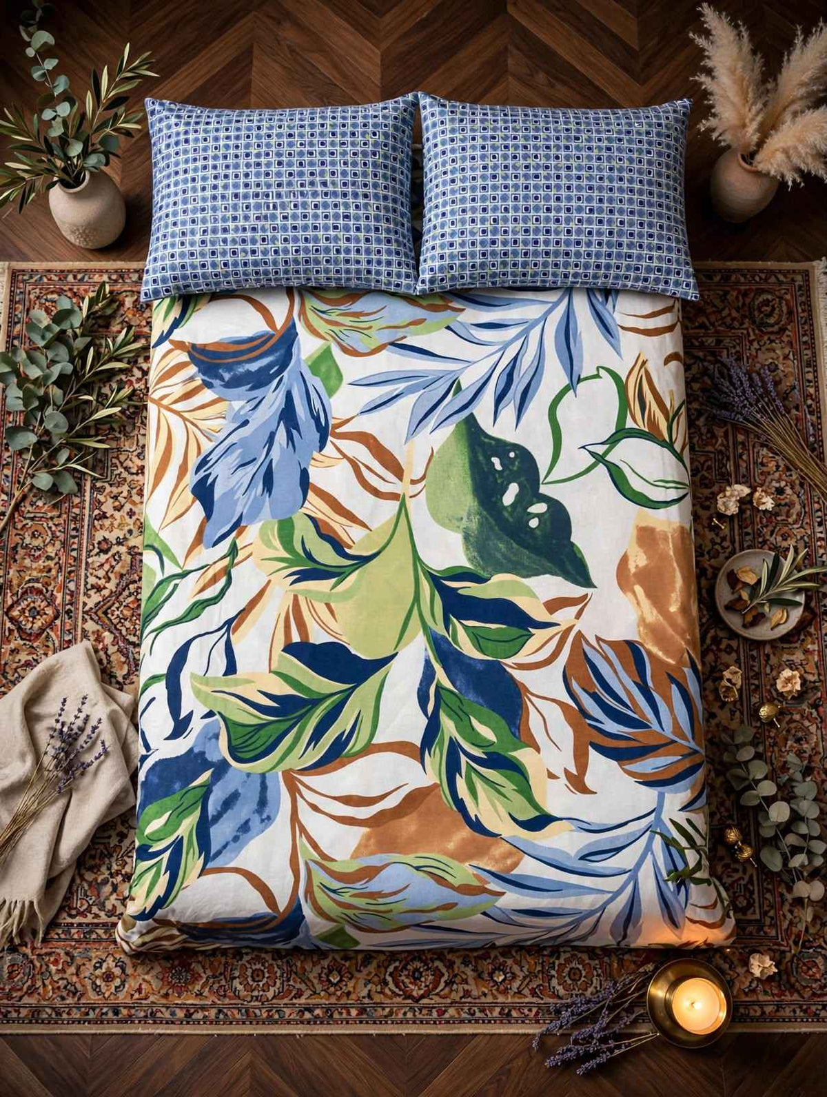 Royal Blue & Earthy Palm Leaf Pure Cotton Bedsheet Set