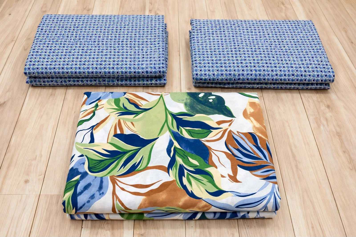 Royal Blue & Earthy Palm Leaf Pure Cotton Bedsheet Set