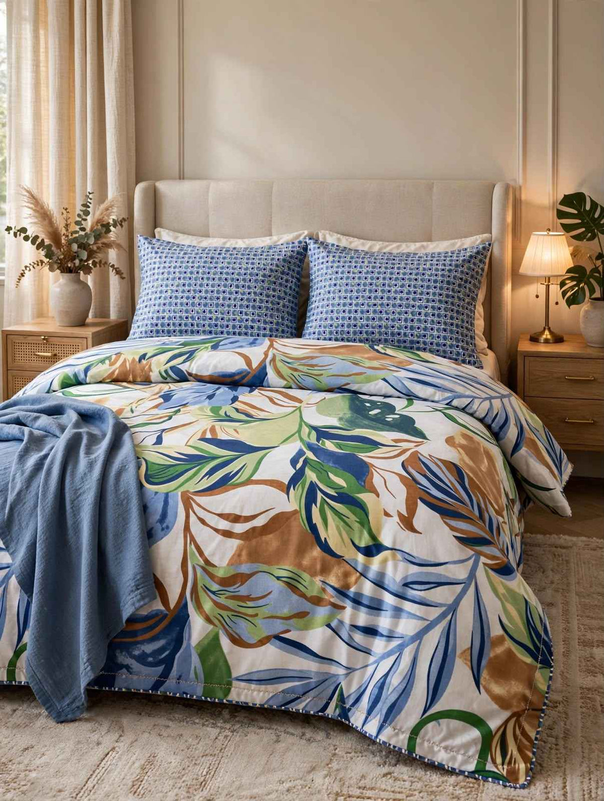 Tropical Monstera Leaf & Blue Grid Pure Cotton Razai Set
