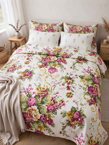 Victorian Rose Bouquet & Palm Sprig Pure Cotton Razai Set