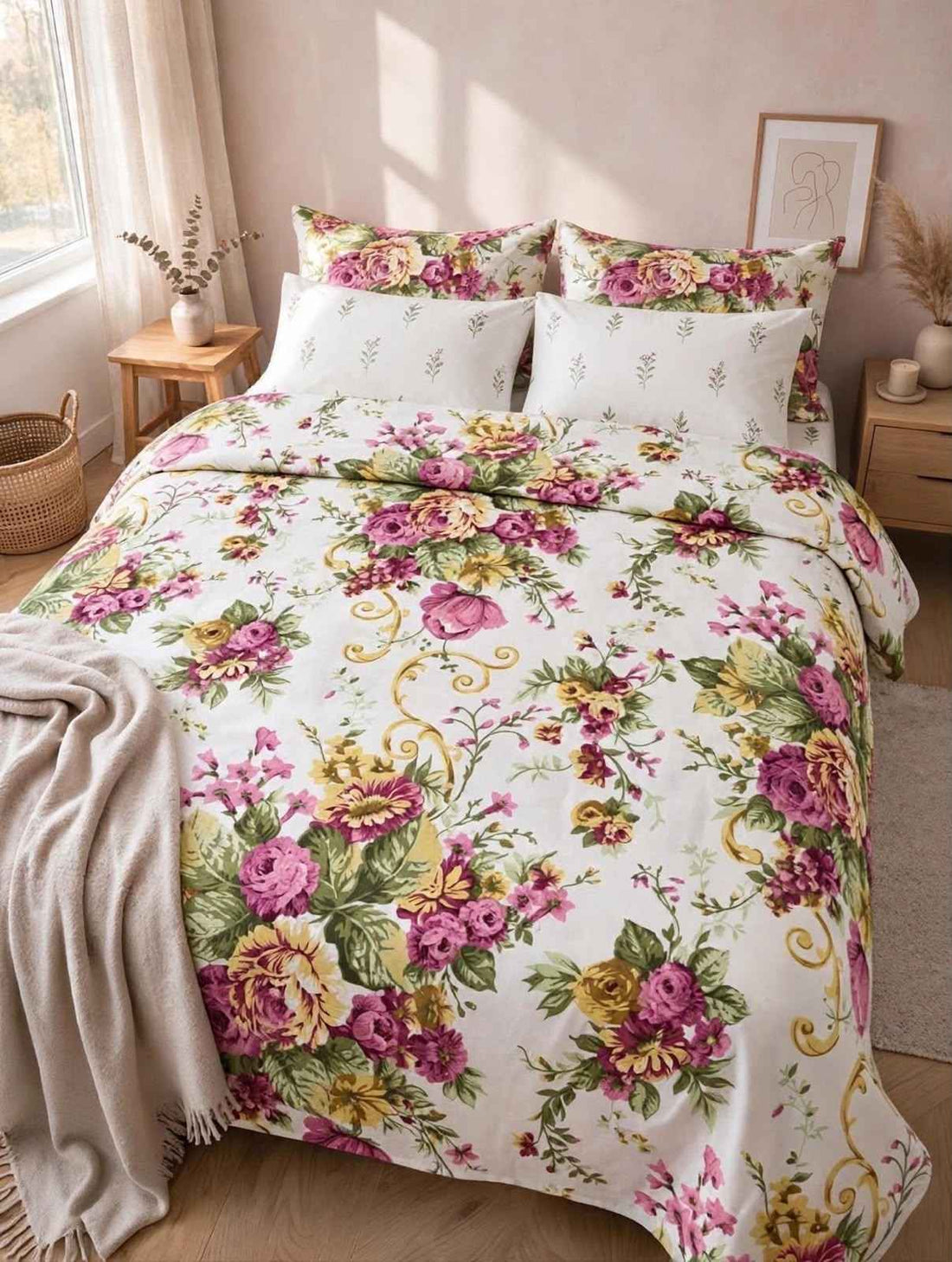 Victorian Rose Bouquet & Palm Sprig Pure Cotton Razai Set