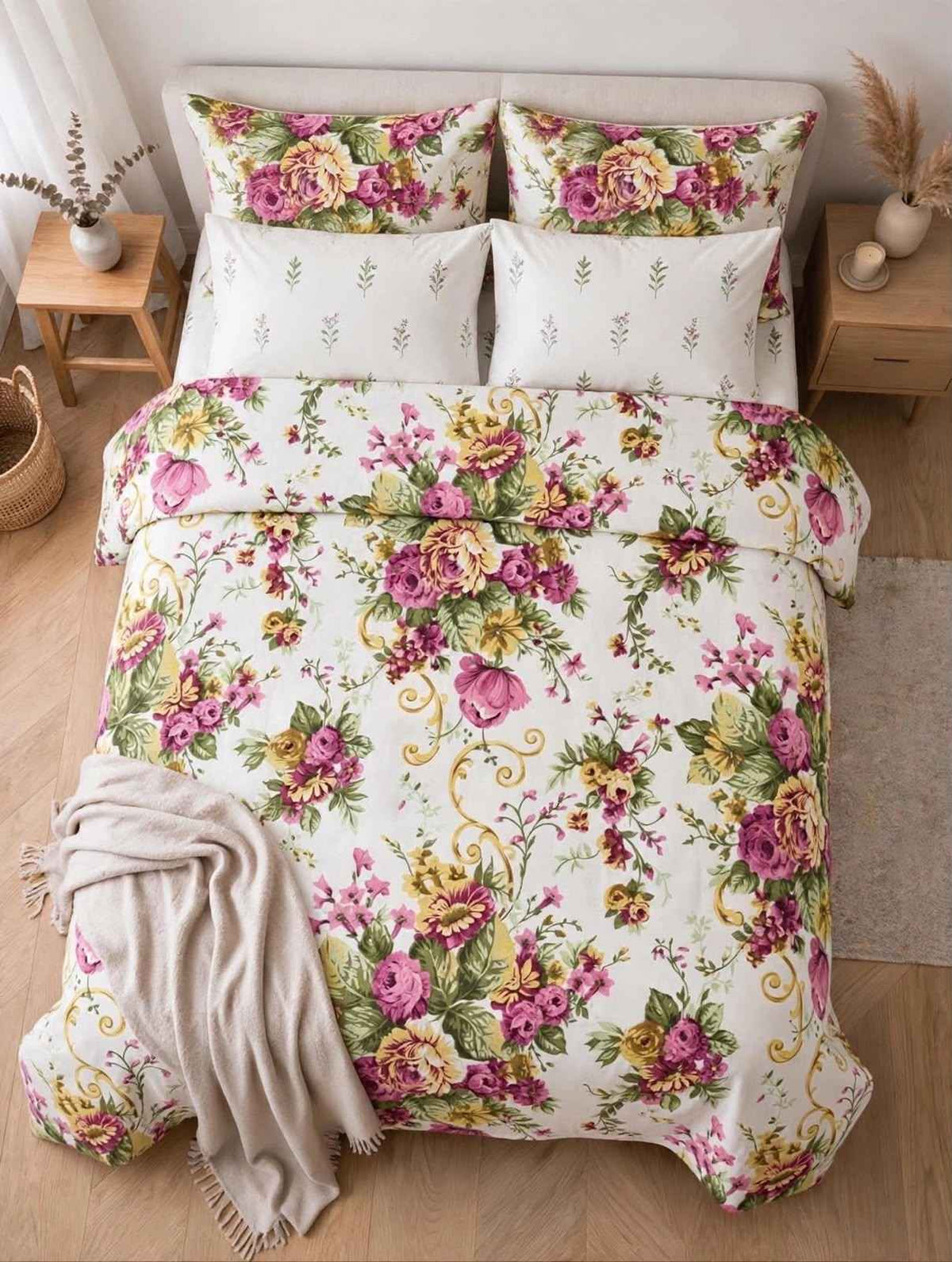 Victorian Rose Bouquet & Palm Sprig Pure Cotton Razai Set