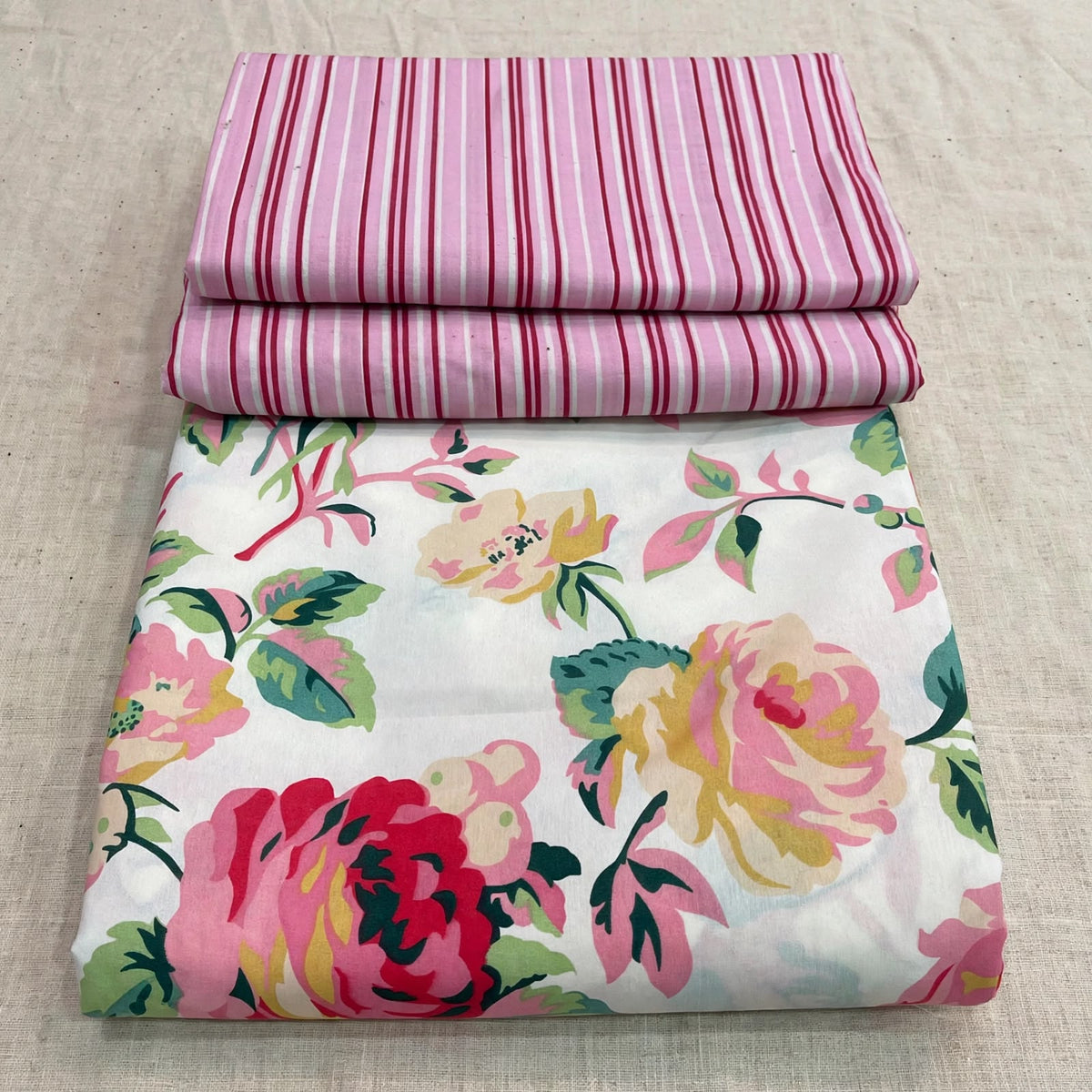 Pink Garden Bloom & Ticking Stripe Pure Cotton 3pcs  Bedsheet Set