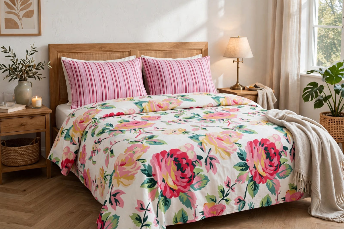 Pink Garden Bloom & Ticking Stripe Pure Cotton 3pcs  Bedsheet Set