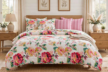 Pink Rose Bloom & Candy Stripe Pure Cotton 6 Pcs Comforter Set