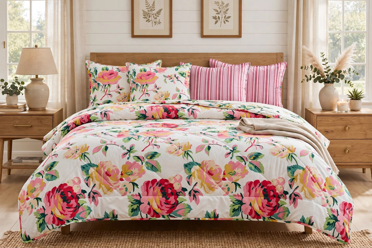Blush Peony & Pinstripe Luxe Pure Cotton Duvet Set