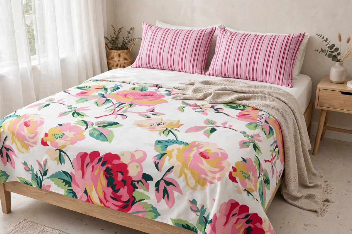 Pink Garden Bloom & Ticking Stripe Pure Cotton 3pcs  Bedsheet Set