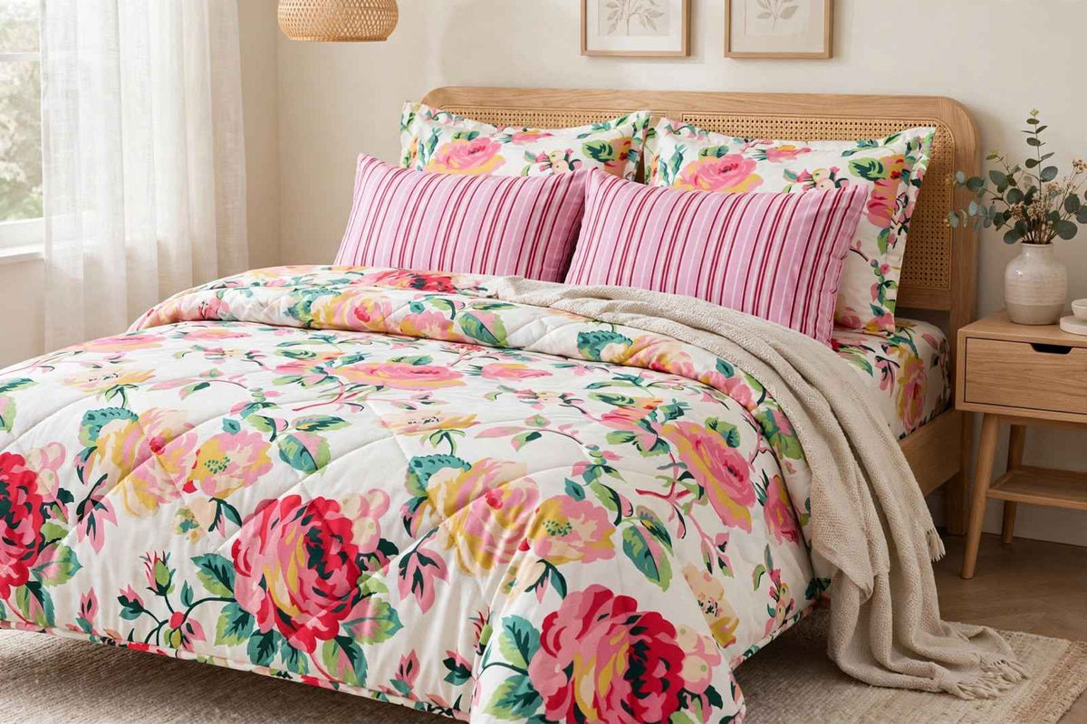 Pink Rose Bloom & Candy Stripe Pure Cotton 6 Pcs Comforter Set