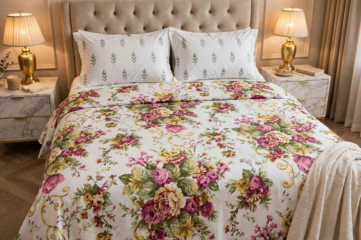 Victorian Rose Bouquet Pure Cotton Bedsheet Set