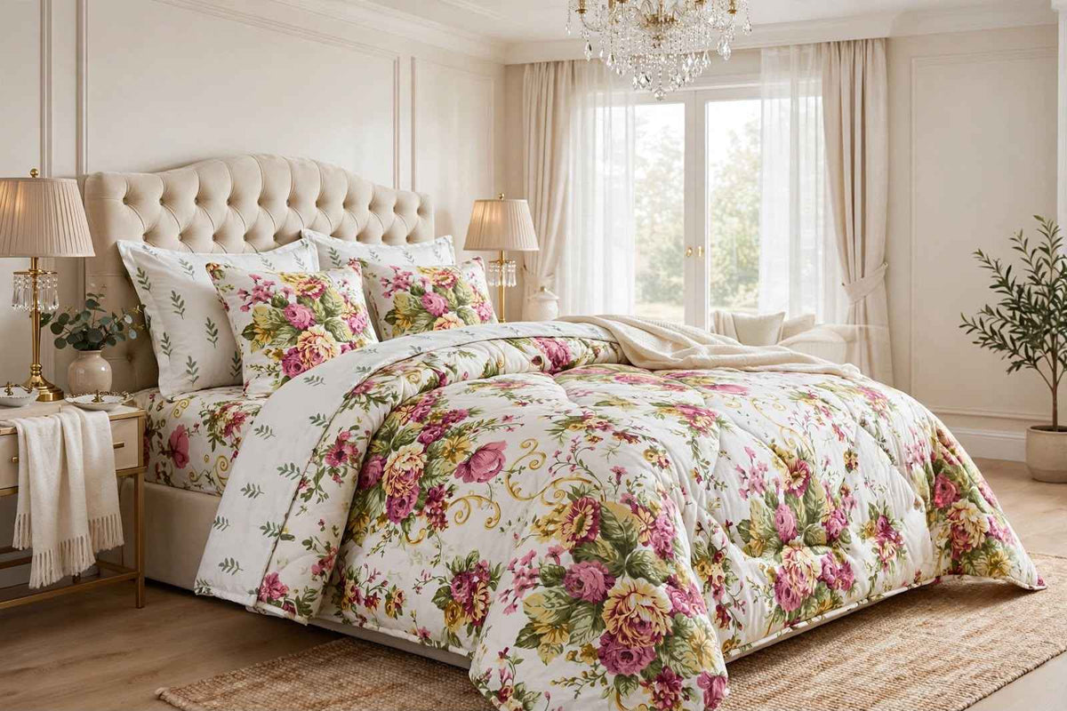 Royal Bouquet Rose & Gold Filigree Pure Cotton 6 Pcs Comforter Set