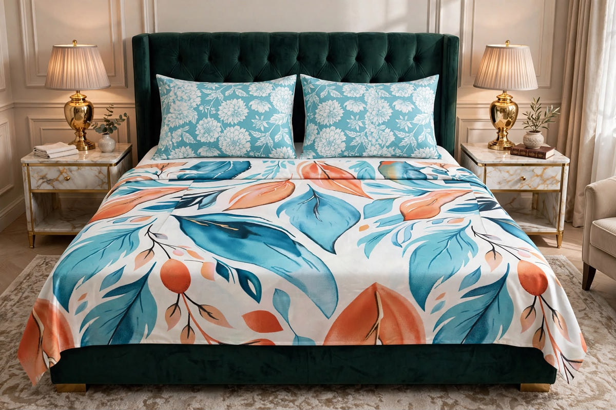 Teal & Peach Tropical Botanical Pure Cotton 3pcs  Bedsheet Set