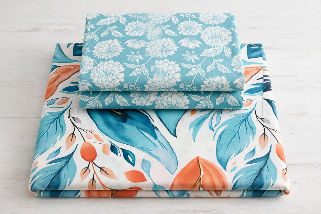 Teal & Peach Tropical Botanical Pure Cotton 3pcs  Bedsheet Set