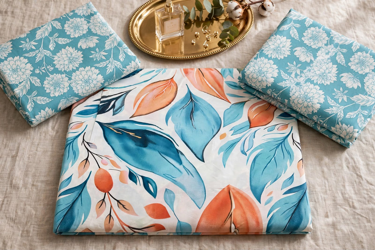 Teal & Peach Tropical Botanical Pure Cotton 3pcs  Bedsheet Set