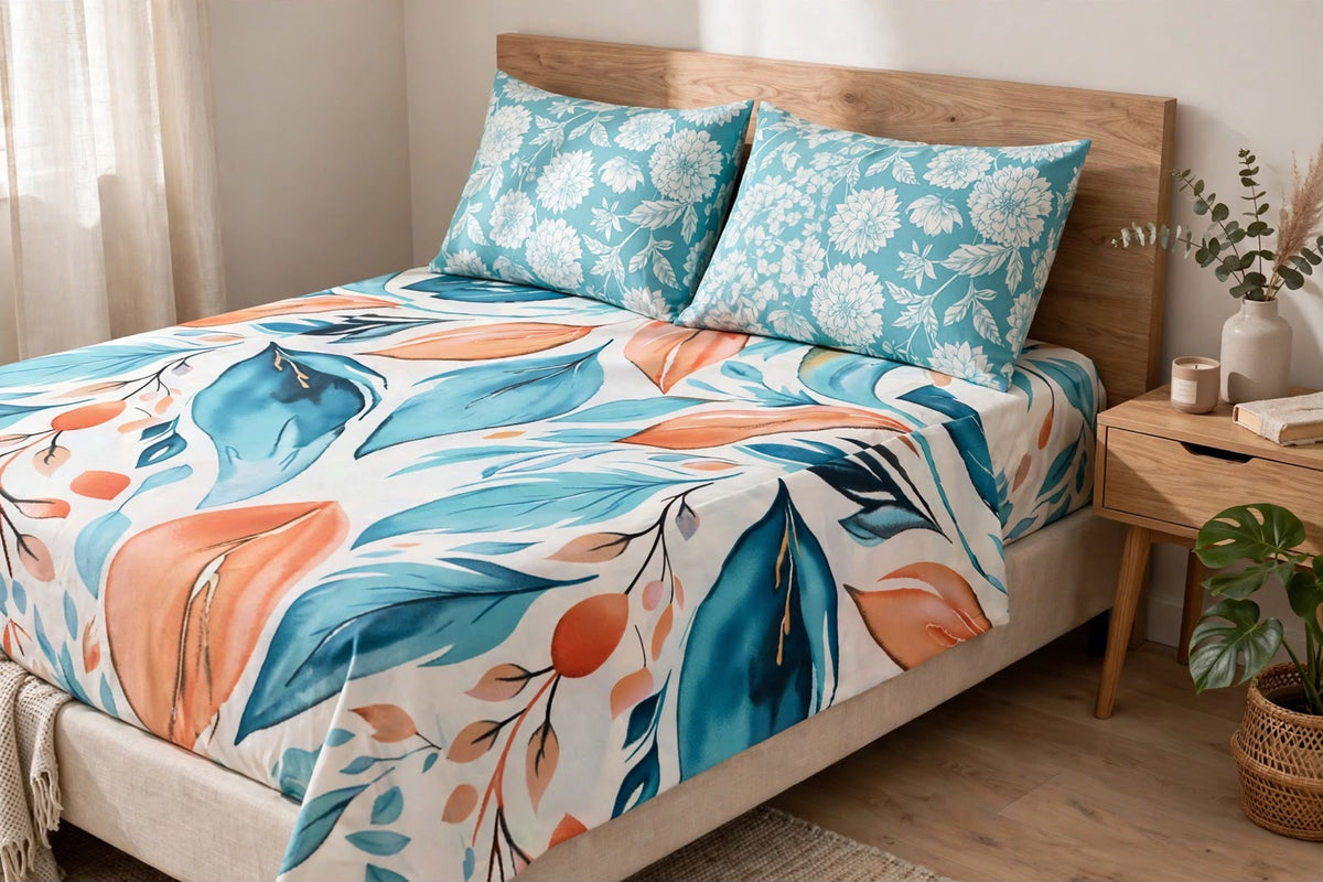 Teal & Peach Tropical Botanical Pure Cotton 3pcs  Bedsheet Set