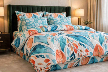 Tropical Teal & Peach Foliage Pure Cotton Razai Set