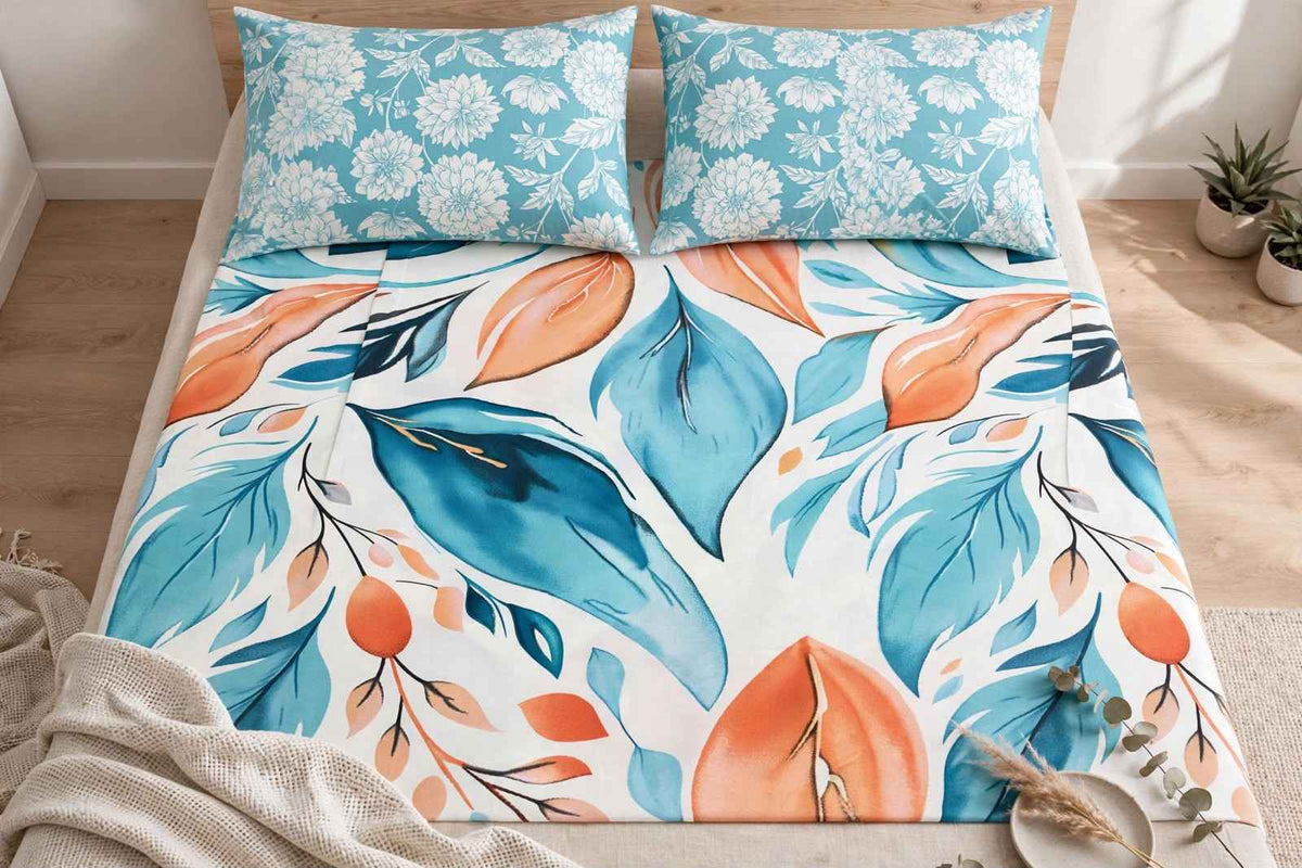 Tropical Teal & Peach Foliage Pure Cotton Razai Set