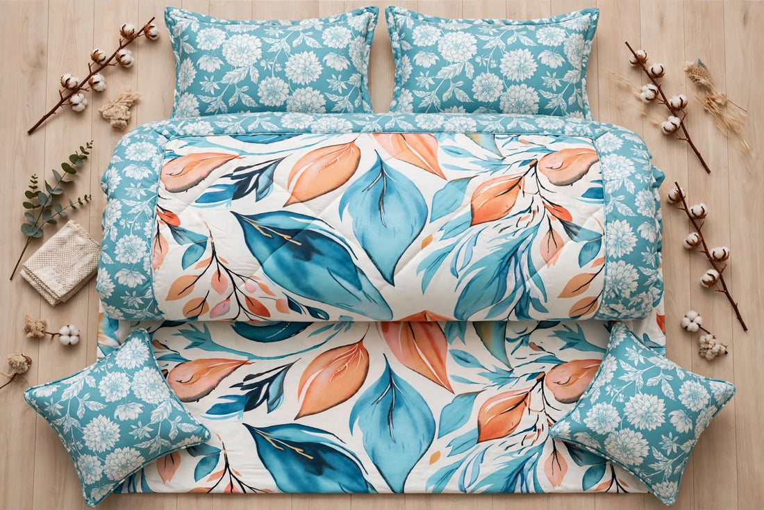 Aqua Teal & Coral Leaf Luxe Pure Cotton Duvet Set