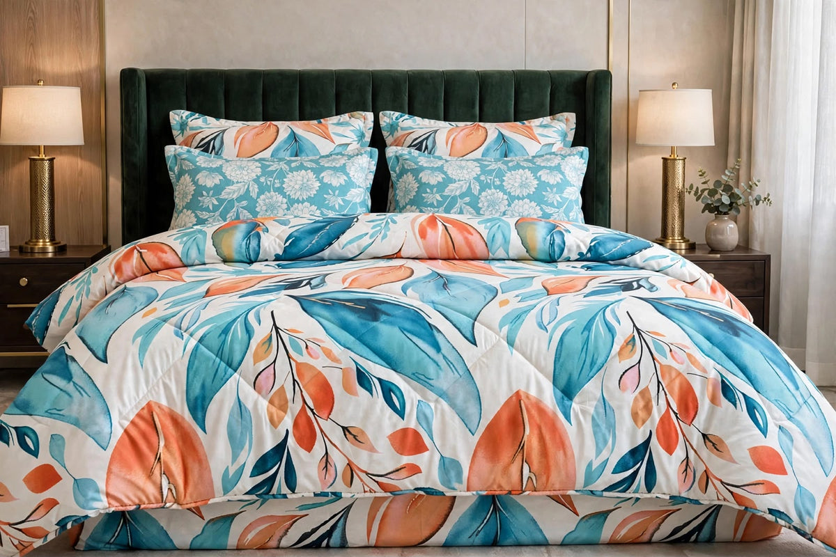 Tropical Cyan & Terracotta Leaf Pure Cotton 6 Pcs Comforter Set