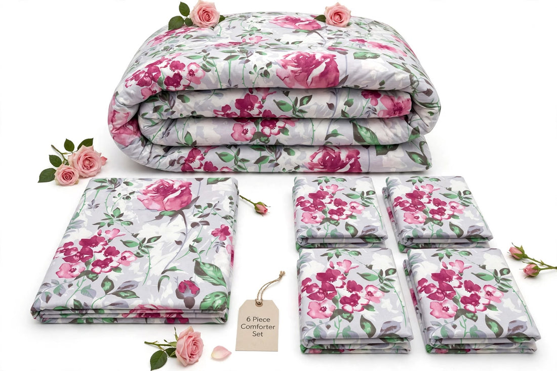 Blossom Magenta Rose Pure Cotton 6 Pcs Comforter Set